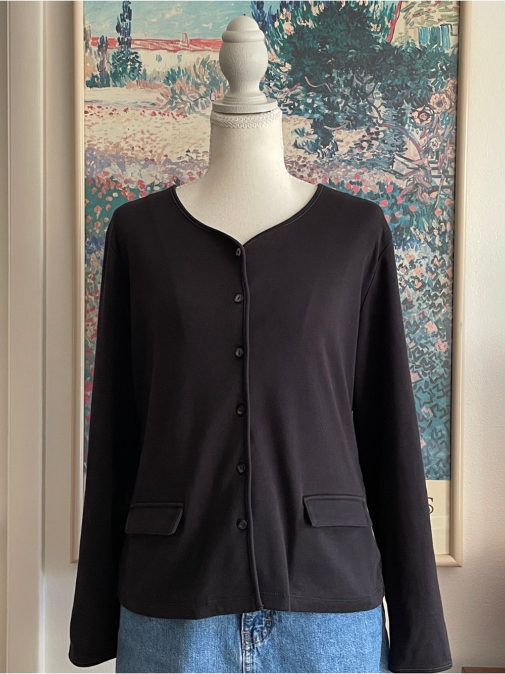 Valerie Stevens Black Cardigan Sweater 100% Cotton Minimalist Capsule Classic